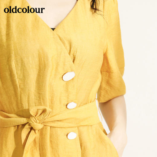 oldcolour欧珂亚麻V领收腰短袖连衣裙女中长款M21101407 商品图2