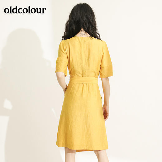 oldcolour欧珂亚麻V领收腰短袖连衣裙女中长款M21101407 商品图1