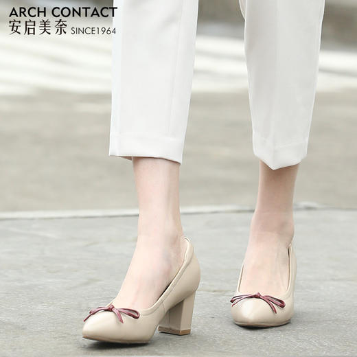安启美奈春款尖头粗跟羊皮蝴蝶结浅口单鞋通勤高跟鞋52126 商品图4