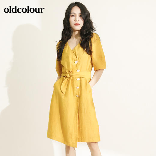 oldcolour欧珂亚麻V领收腰短袖连衣裙女中长款M21101407 商品图0