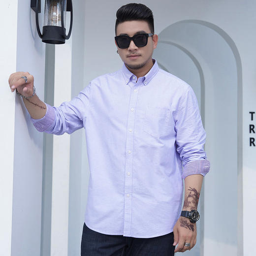 牛津纺【新款DM】【100%棉】大依优型大码全棉长袖衬衫纯棉男胖子加肥加大码宽松纯色休闲衬衣上衣 商品图2