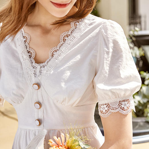 欧芮儿白色连衣裙2021春夏收腰显瘦气质蕾丝边优雅泡泡袖A摆裙子 商品图1