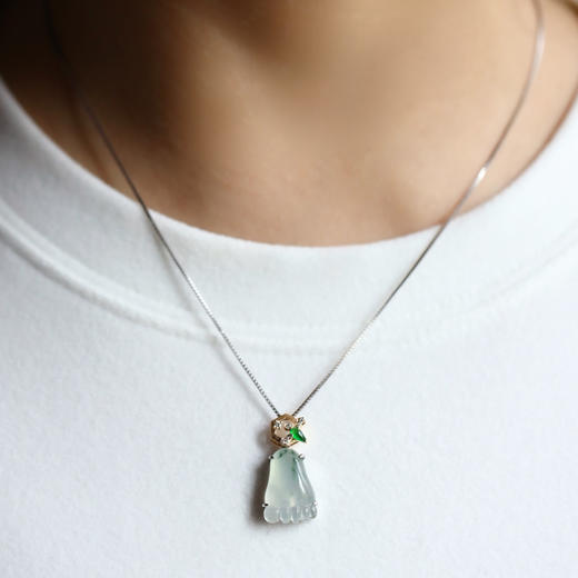 高冰种飘花翡翠知足常乐幸福甜蜜18k白金黄金钻石镶嵌高冰种阳绿翡翠水滴 商品图11