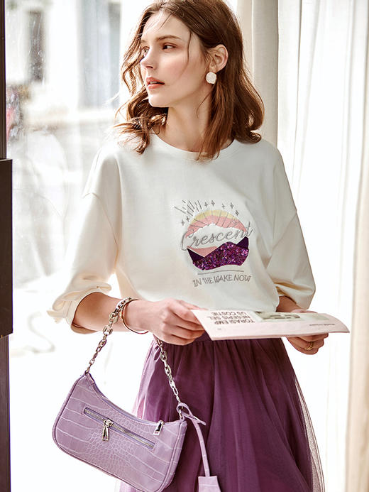 欧芮儿珠片刺绣t恤女2021年新款灯笼袖休闲宽松气质时髦优雅上衣 商品图0