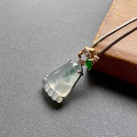 高冰种飘花翡翠知足常乐幸福甜蜜18k白金黄金钻石镶嵌高冰种阳绿翡翠水滴