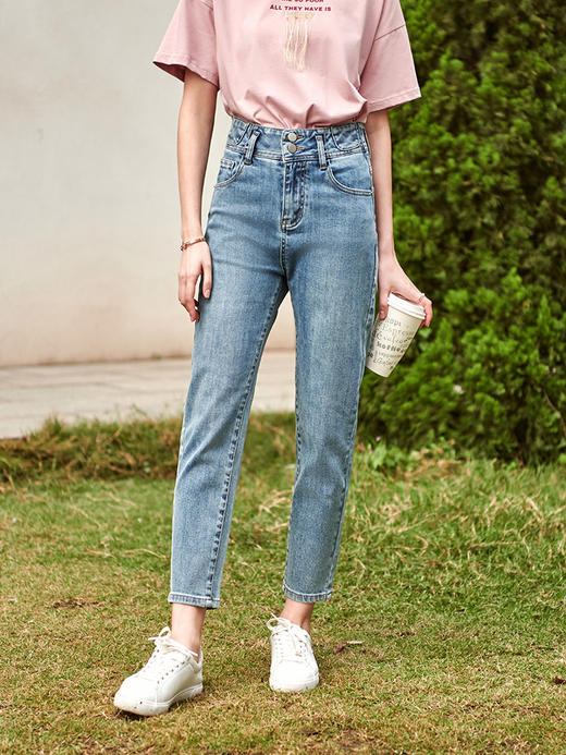 欧芮儿蓝色牛仔裤女2021春夏新款高腰显瘦两粒扣气质时髦老爹裤 商品图2