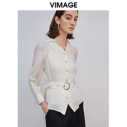 VIMAGE纬漫纪春季新款洋气微透简约收腰翻领显瘦衬衫女上衣 商品图1