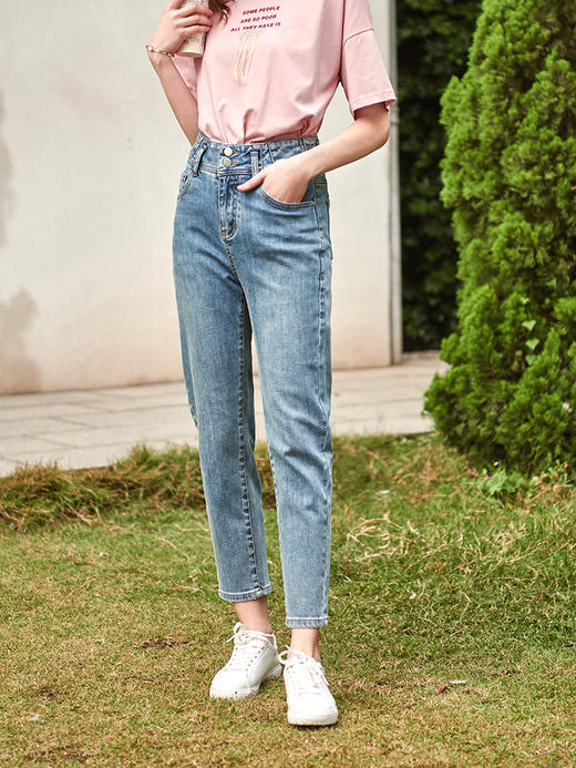 欧芮儿蓝色牛仔裤女2021春夏新款高腰显瘦两粒扣气质时髦老爹裤 商品图1