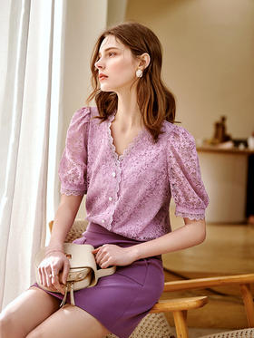 欧芮儿法式蕾丝衫2021春夏新款V领泡泡袖开衫洋气气质宽松上衣