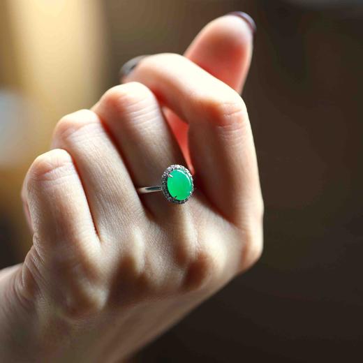 冰种阳绿翡翠蛋面戒指18k白金钻石镶嵌 商品图6