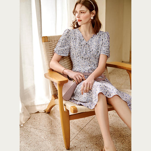 欧芮儿碎花雪纺连衣裙2021春夏收腰显瘦蝴蝶结复古收褶小清新裙子 商品图1