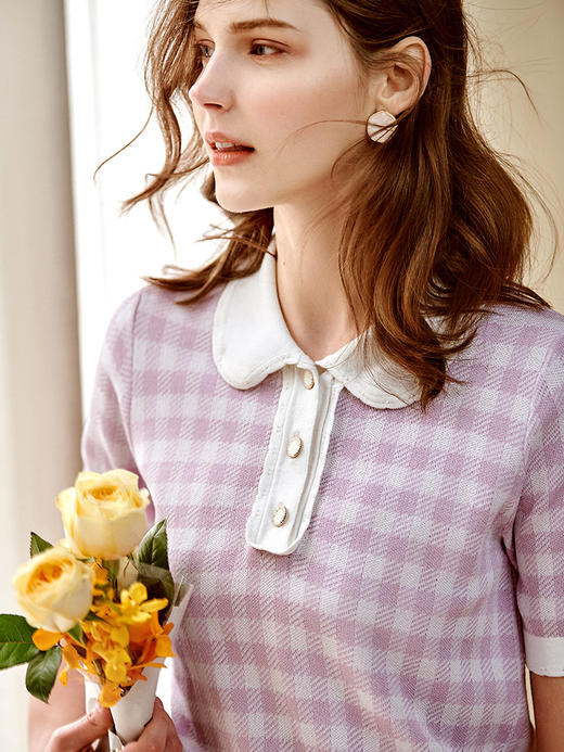 欧芮儿格子毛针织衫女2021春夏POLO娃娃领双色提花复古时髦上衣 商品图1