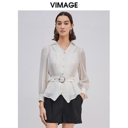 VIMAGE纬漫纪春季新款洋气微透简约收腰翻领显瘦衬衫女上衣 商品图5