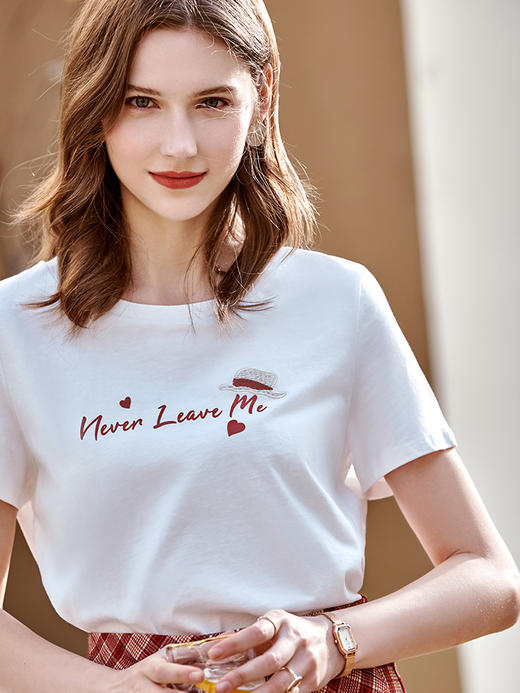 欧芮儿圆领刺绣t恤女2021年新款帽子字母印花减龄简约气质打底衫 商品图2