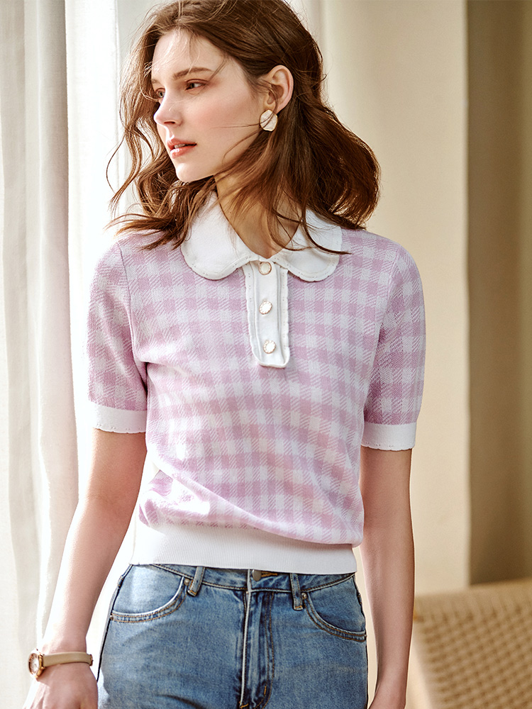 欧芮儿格子毛针织衫女2021春夏POLO娃娃领双色提花复古时髦上衣