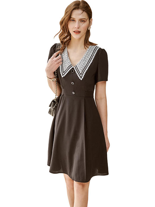 欧芮儿赫本风法式连衣裙2021春夏新款蕾丝方领复古收腰雪纺小黑裙 商品图3