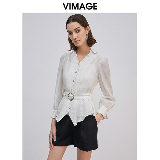 VIMAGE纬漫纪春季新款洋气微透简约收腰翻领显瘦衬衫女上衣 商品图2