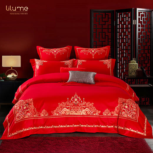 利路米纯正中国红喜庆婚庆床品多件套 商品图0