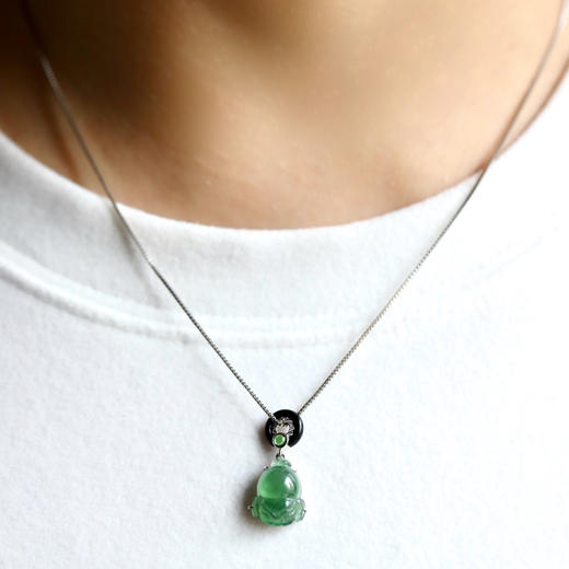 高冰种湖水绿厚庄翡翠金蟾18k白金钻石黑玛瑙镶嵌 商品图10