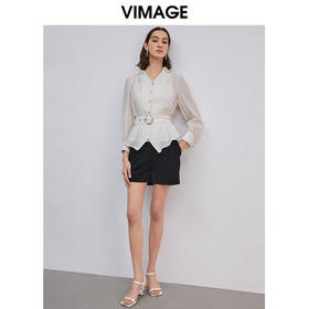 VIMAGE纬漫纪春季新款洋气微透简约收腰翻领显瘦衬衫女上衣