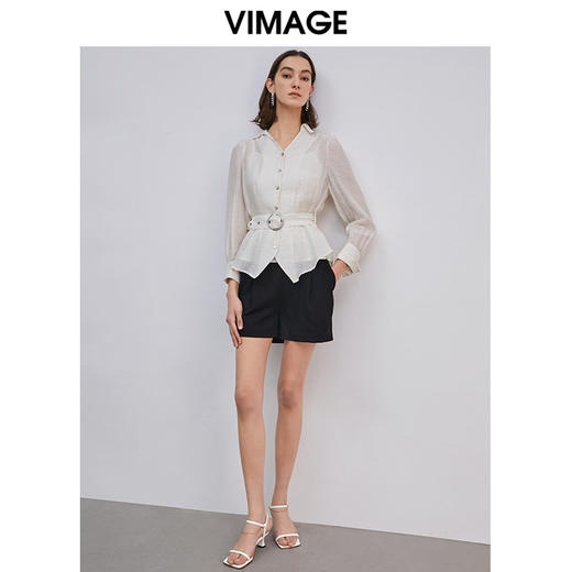 VIMAGE纬漫纪春季新款洋气微透简约收腰翻领显瘦衬衫女上衣 商品图0