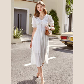 欧芮儿白色连衣裙2021春夏收腰显瘦气质蕾丝边优雅泡泡袖A摆裙子