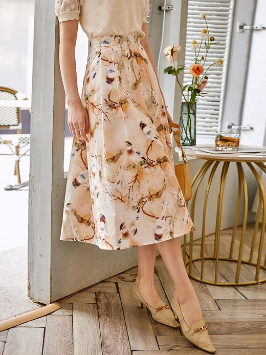 欧芮儿印花半身裙女2021春夏高腰显瘦时尚气质复古优雅收褶A字裙 商品图1