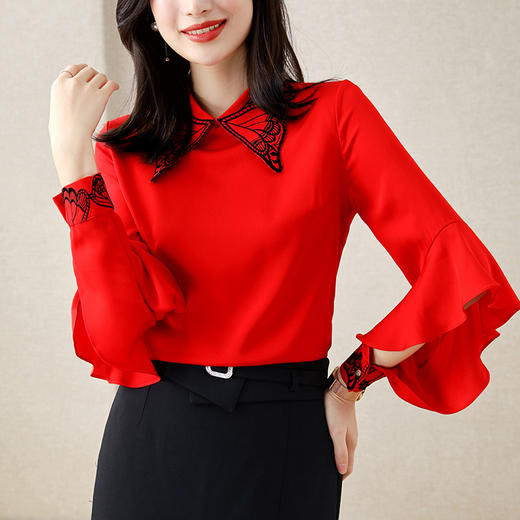 SY  21CS0021气质喇叭袖翻领娃娃领桑蚕丝衬衣 商品图3