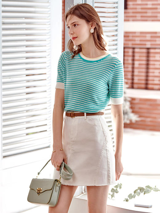 欧芮儿圆领毛针织衫女2021春夏新款套头时尚气质优雅年轻简约上衣 商品图2