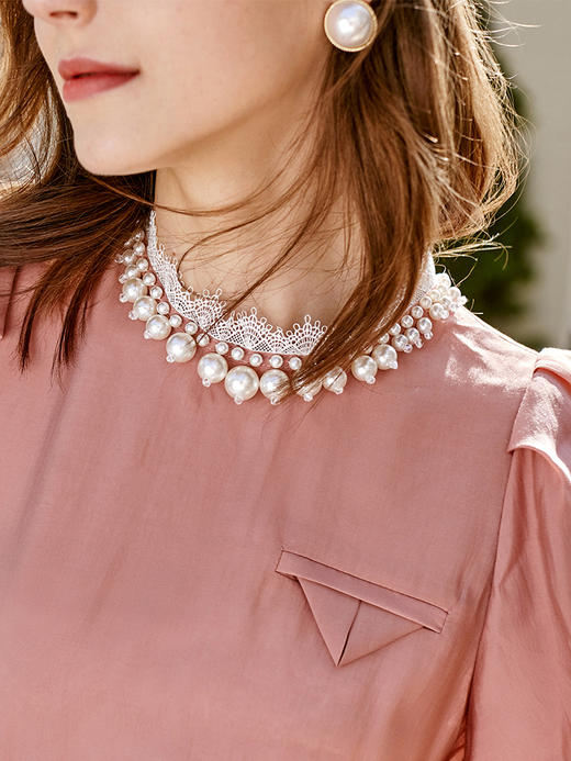 欧芮儿短袖雪纺衫女2021新款蕾丝拼接花边钉珠泡泡袖气质优雅上衣 商品图2