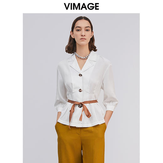 VIMAGE纬漫纪春季新款通勤百搭翻领七分袖收腰显瘦短上衣衬衫 商品图5