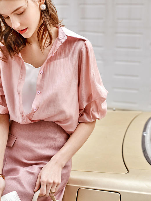 欧芮儿粉色衬衫女2021春夏立体特色收褶袖气质简约宽松休闲上衣 商品图1