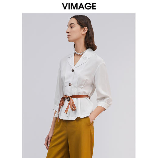 VIMAGE纬漫纪春季新款通勤百搭翻领七分袖收腰显瘦短上衣衬衫 商品图1
