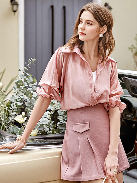欧芮儿粉色衬衫女2021春夏立体特色收褶袖气质简约宽松休闲上衣 商品图0