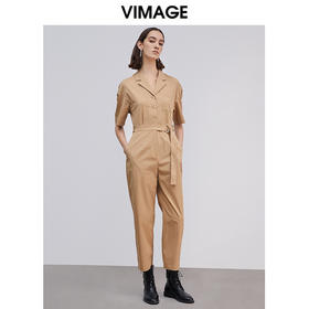VIMAGE纬漫纪春季新款时尚洋气工装翻领收腰短袖直筒连体裤女V1307911