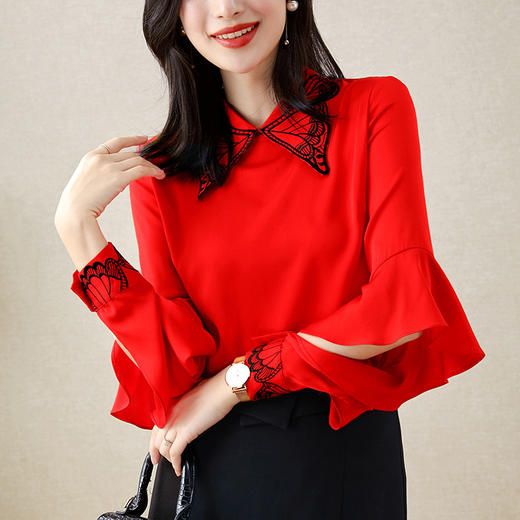 SY  21CS0021气质喇叭袖翻领娃娃领桑蚕丝衬衣 商品图2