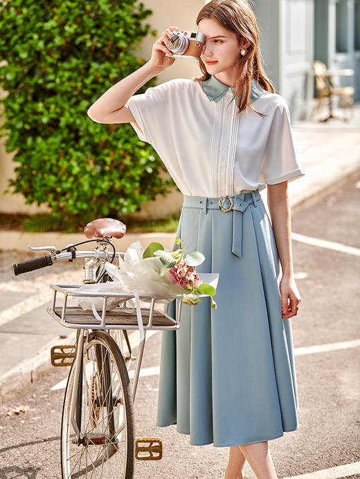 欧芮儿法式雪纺衬衫女2021春夏新款复古优雅时尚洋气短袖白色上衣 商品图2