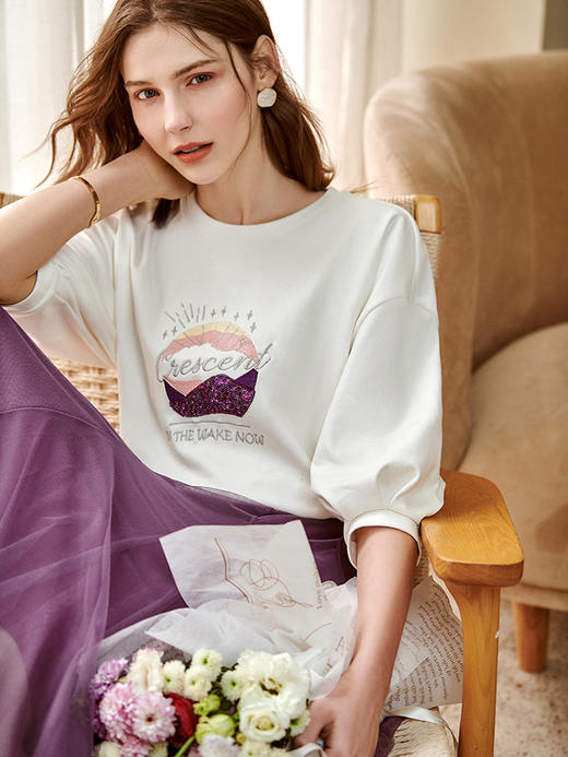 欧芮儿珠片刺绣t恤女2021年新款灯笼袖休闲宽松气质时髦优雅上衣 商品图2