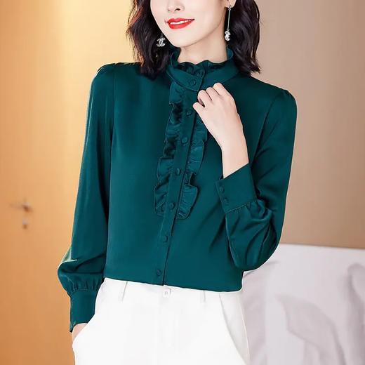 MZ-63215 木耳领边桑蚕丝荷叶边上衣真丝立领衬衫女泡泡袖高端洋气打底衬衫 商品图4
