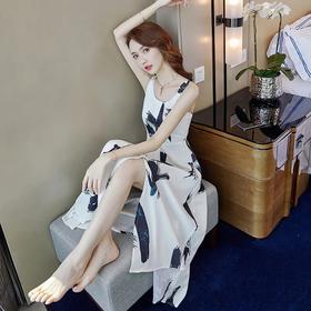 HT-8030夏季新款度假过膝水墨印花露背吊带裙