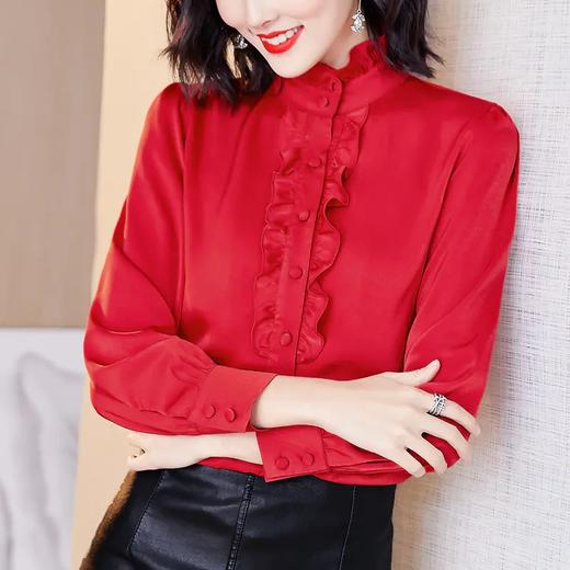 MZ-63215 木耳领边桑蚕丝荷叶边上衣真丝立领衬衫女泡泡袖高端洋气打底衬衫 商品图1