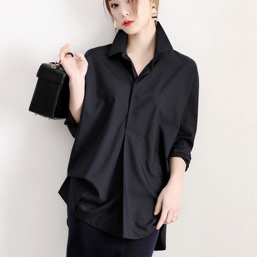 韩国新款长袖纯色抗皱垂感宽松百搭雪纺高端个性黑白衬衫 商品图6