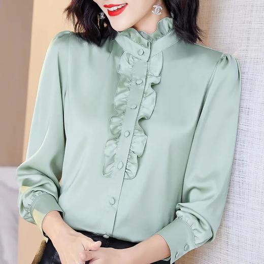 MZ-63215 木耳领边桑蚕丝荷叶边上衣真丝立领衬衫女泡泡袖高端洋气打底衬衫 商品图0