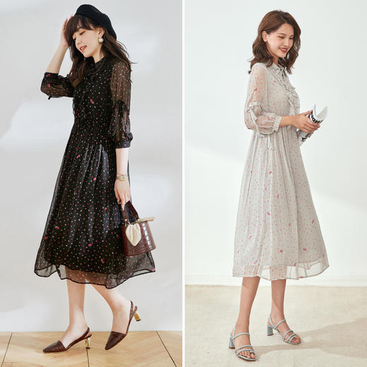 CC  83201单层乔其真丝桑蚕丝碎花连衣裙木耳花边裙 商品图0