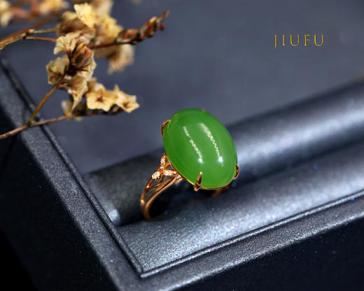 18K玫瑰金和田玉（碧玉）镶钻戒指--三叶草 / 蛋面13*18mm / 苹果绿（戒圈请备注留言） 商品图0