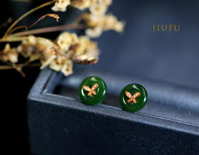 18K玫瑰金和田玉（碧玉）耳钉--金蝶翩翩 /小平安扣12mm / 菠菜绿（含18k金耳扣）