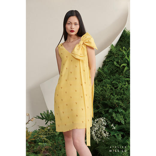 【香草苏打】小鹿藻造型蝴蝶结飘带柠檬黄真丝连衣裙/0000658G 商品图2