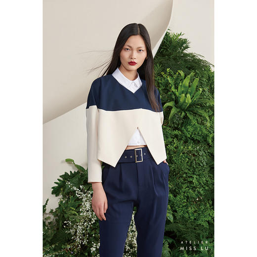 【昼夜】藏青米白撞色流线拼接长袖短款外套/00175 商品图0