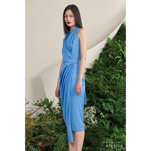 【潘思帕国王】海盐蓝立裁垂皱腰间系带裹身连衣裙/0000703A 商品图2