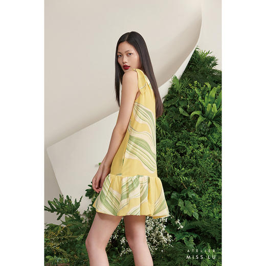 【不具名的叶】海流叶V领系带造型下摆柠檬黄真丝连衣裙/0000702E 商品图2